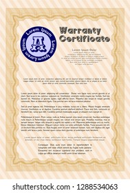 Orange Retro vintage Warranty Certificate. Complex background. Detailed. Artistry design. 