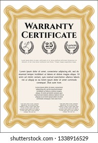 Orange Retro vintage Warranty Certificate. Customizable, Easy to edit and change colors. With complex background. Money style design. 