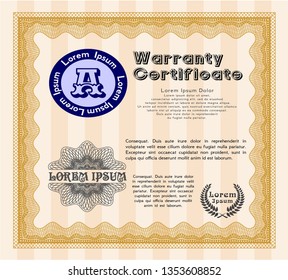 Orange Retro vintage Warranty Certificate. Nice design. With complex background. Detailed. 