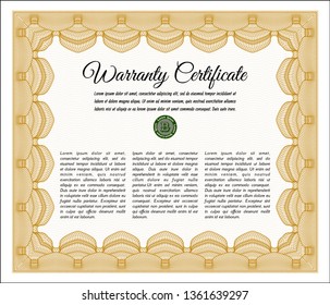 Orange Retro vintage Warranty Certificate. Money style design. With guilloche pattern. Detailed. 