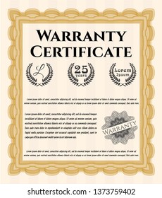 Orange Retro vintage Warranty Certificate. Vector illustration. With complex background. Cordial design. 