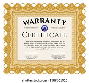 Orange Retro vintage Warranty Certificate. Excellent design. Detailed. With guilloche pattern and background. 