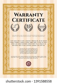 Orange Retro vintage Warranty Certificate. Detailed. With guilloche pattern. Elegant design. 