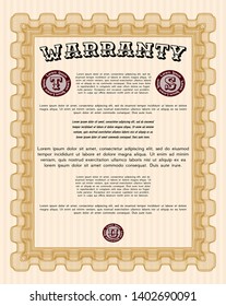 Orange Retro vintage Warranty Certificate. With guilloche pattern. Vector illustration. Artistry design. 