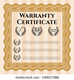 Orange Retro vintage Warranty Certificate. Easy to print. Vector illustration. Cordial design. 