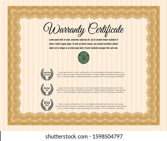 Orange Retro vintage Warranty Certificate. Lovely design. With guilloche pattern and background. Detailed. 