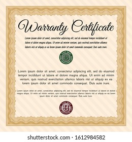 Orange Retro vintage Warranty Certificate. With linear background. Lovely design. Vector illustration. 