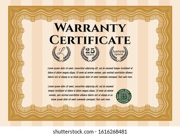 Orange Retro vintage Warranty Certificate. Excellent design. With guilloche pattern. Vector illustration. 