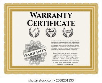 Orange Retro vintage Warranty Certificate template. Superior design.  With great quality guilloche pattern.  Vector illustration. 