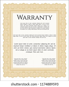 Orange Retro Warranty Certificate template. Money Pattern design. Detailed. With complex linear background. 