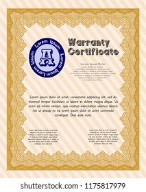 Orange Retro Warranty Certificate template. Complex background. Modern design. Detailed. 