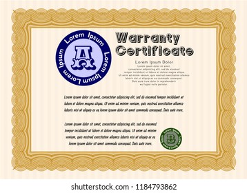 Orange Retro Warranty Certificate template. With guilloche pattern and background. Detailed. Money Pattern design. 