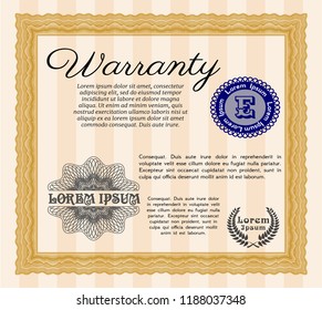 Orange Retro Warranty Certificate template. With guilloche pattern and background. Superior design. Vector illustration. 