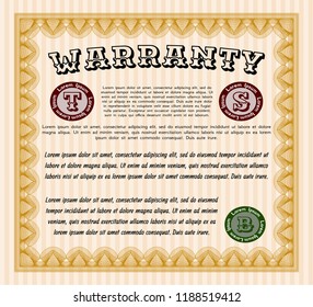Orange Retro Warranty Certificate template. Detailed. Complex background. Retro design. 