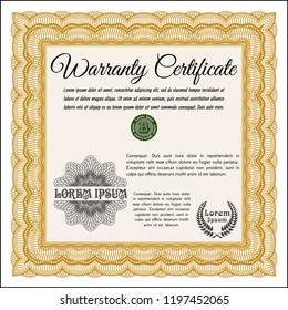 Orange Retro Warranty Certificate template. Easy to print. Vector illustration. Money style design. 