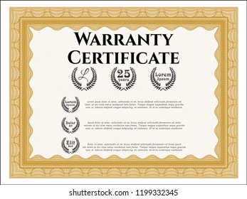 Orange Retro Warranty Certificate template. Beauty design. Detailed. With background. 