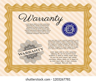 Orange Retro Warranty Certificate template. Sophisticated design. With complex linear background. Vector illustration. 