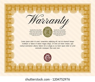 Orange Retro Warranty Certificate template. Elegant design. Vector illustration. With complex linear background. 