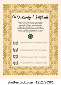 Orange Retro Warranty Certificate template. Money Pattern design. Easy to print. Vector illustration. 
