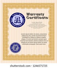 Orange Retro Warranty Certificate template. Money style design. Easy to print. Vector illustration. 