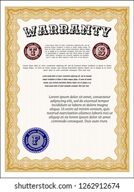 Orange Retro Warranty Certificate template. Money Pattern. With background. Vector illustration. 