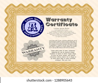 Orange Retro Warranty Certificate template. Vector illustration. With guilloche pattern. Nice design. 