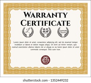 Orange Retro Warranty Certificate template. Money style design. Customizable, Easy to edit and change colors. With great quality guilloche pattern. 