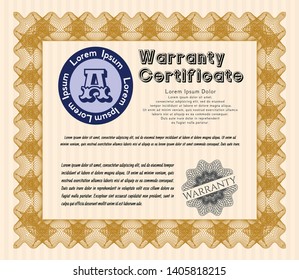 Orange Retro Warranty Certificate template. With linear background. Money style design. Detailed. 