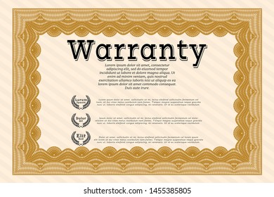 Orange Retro Warranty Certificate template. With guilloche pattern. Customizable, Easy to edit and change colors. Elegant design. 