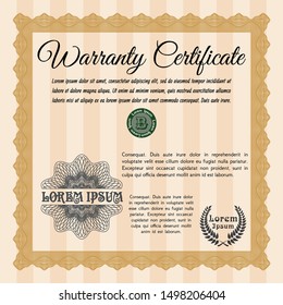 Orange Retro Warranty Certificate template. With guilloche pattern and background. Detailed. Artistry design. 
