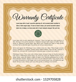 Orange Retro Warranty Certificate template. Vector illustration. Easy to print. Cordial design. 