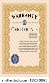 Orange Retro Warranty Certificate template. Money style design. Complex background. Customizable, Easy to edit and change colors. 