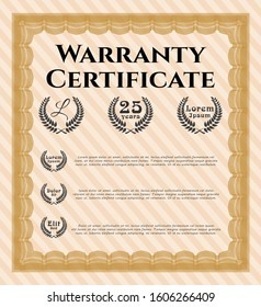 Orange Retro Warranty Certificate template. With background. Detailed. Cordial design. 