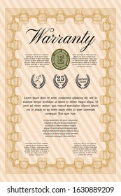Orange Retro Warranty Certificate template. Complex background. Artistry design. Detailed. 