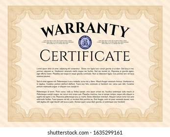 Orange Retro Warranty Certificate template. Money style design. With great quality guilloche pattern. Vector illustration. 