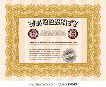 Orange Retro Warranty template. With complex linear background. Nice design. Detailed. 