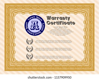 Orange Retro Warranty template. Cordial design. Vector illustration. With guilloche pattern and background. 