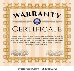 Orange Retro Warranty template. Detailed. With guilloche pattern. Money style design. 