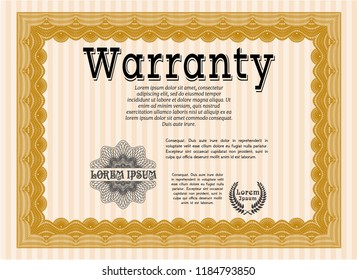 Orange Retro Warranty template. With guilloche pattern and background. Detailed. Retro design. 