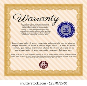 Orange Retro Warranty template. With guilloche pattern and background. Vector illustration. Money style design. 