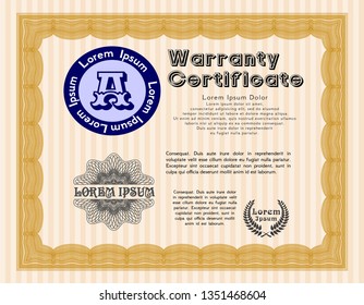Orange Retro Warranty template. With guilloche pattern. Good design. Detailed. 