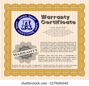 Orange Retro Warranty template. Modern design. With guilloche pattern and background. Detailed. 