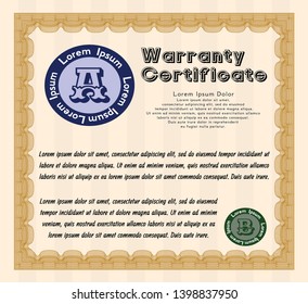Orange Retro Warranty template. Money style design. With background. Detailed. 