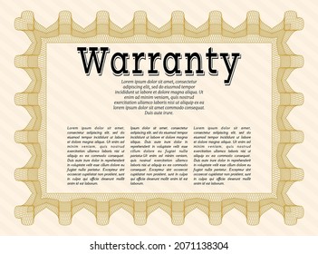 Orange Retro Warranty template. Money Pattern design.  With guilloche pattern and background.   