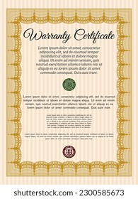 Orange Retro Warranty template. Money Pattern.  With guilloche pattern.  Detailed. 
