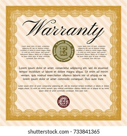 Orange Retro Warranty template. Money design. With great quality guilloche pattern. Detailed. 