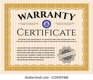 Orange Retro Warranty template. Vector illustration. With guilloche pattern. Money style design. 
