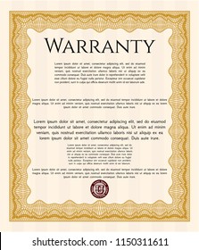 Orange Retro Warranty template. Vector illustration. With guilloche pattern and background. Money Pattern. 