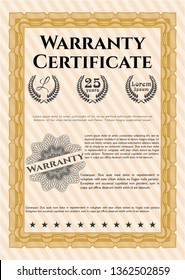 Orange Retro Warranty template. Vector illustration. With complex background. Money style design. 