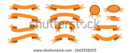 Orange ribbon banner set. Wavy and curved ribbons collection for emblem, sticker, advertising, poster, promotion, frame. Vintage label tag element bundle for graphic design template. Vector